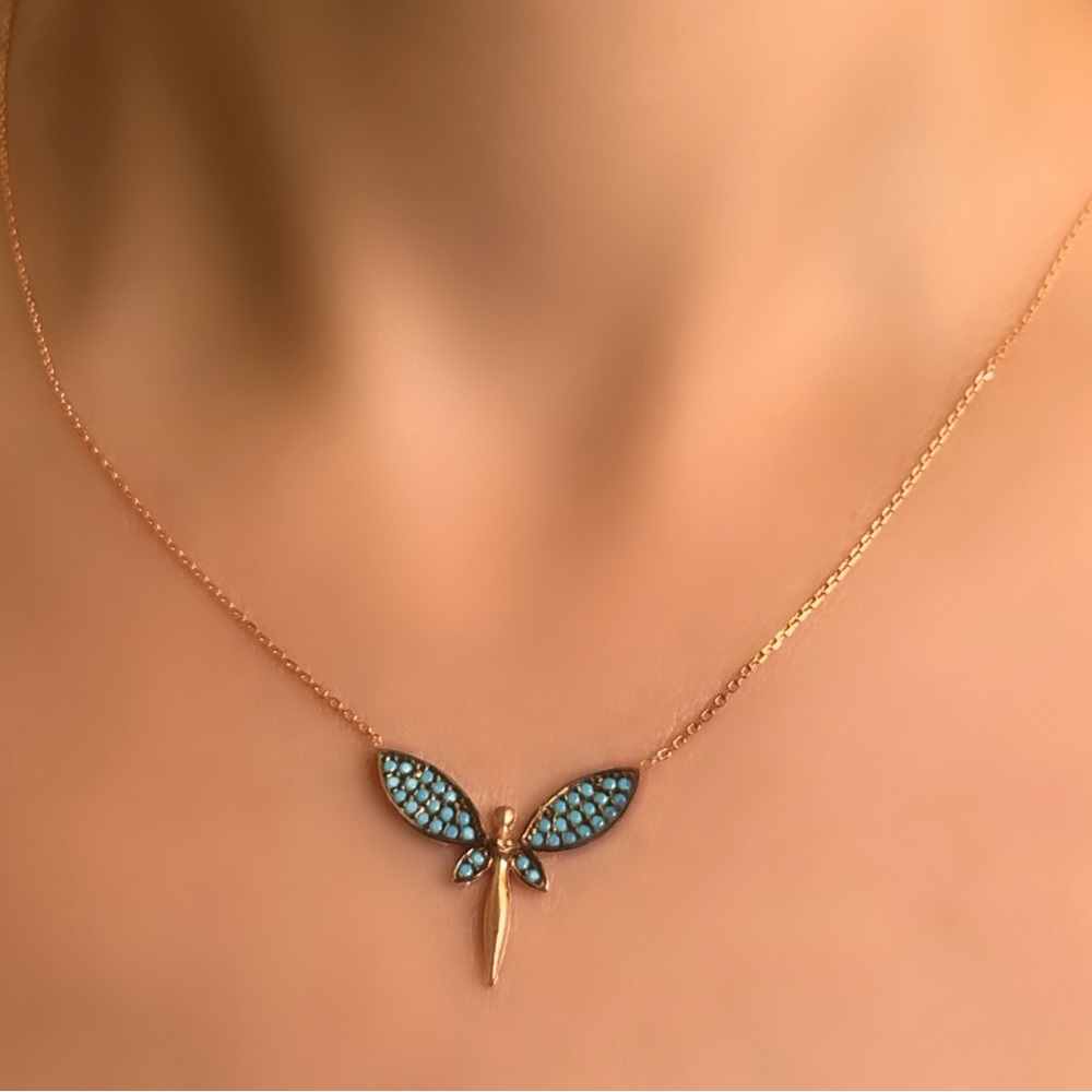 Minimalist Sterling Silver Dragonfly Necklace - Blue Zircon Stone - Rose Gold